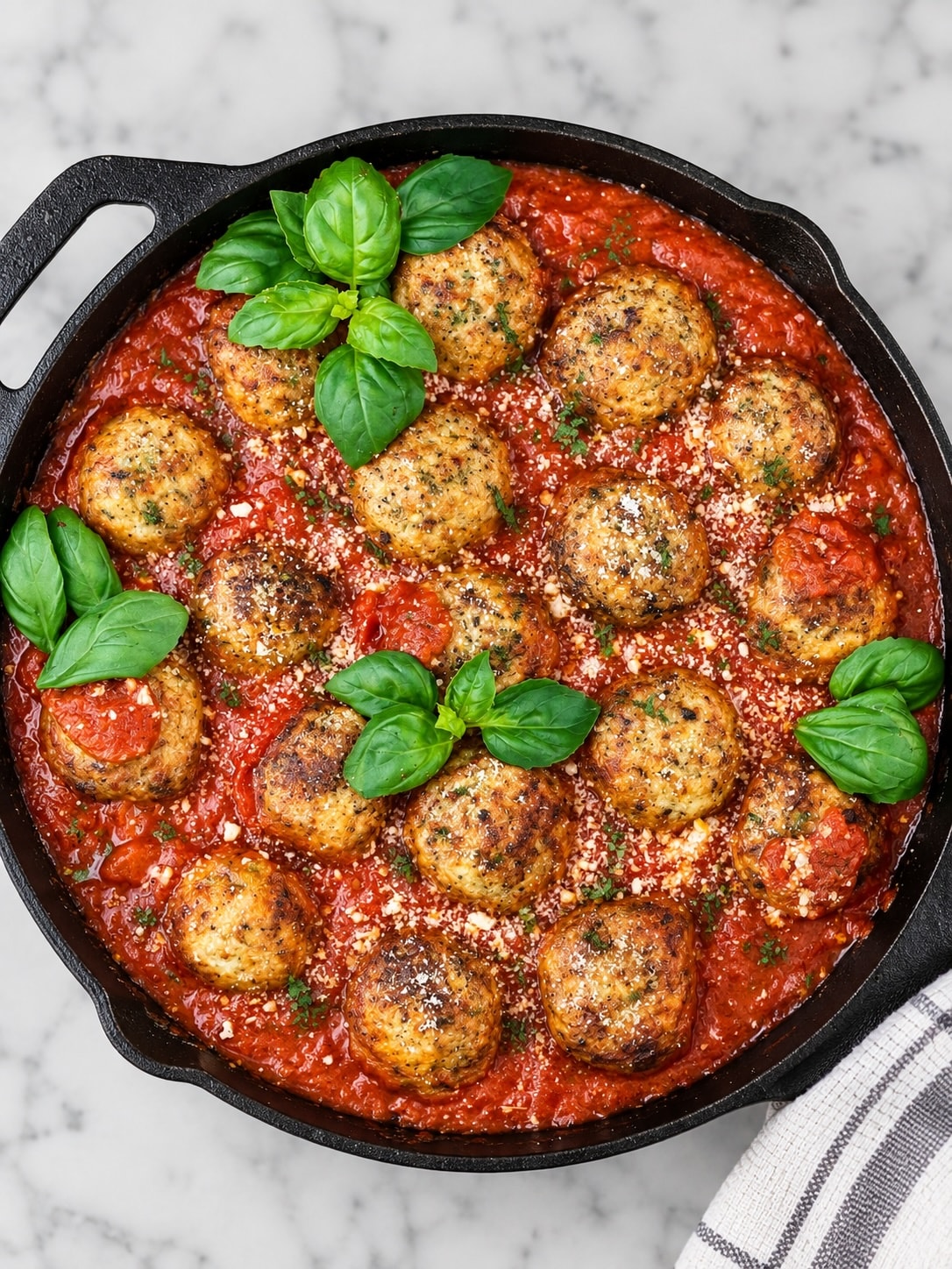 chicken parmesan meatballs with melty mozzarella