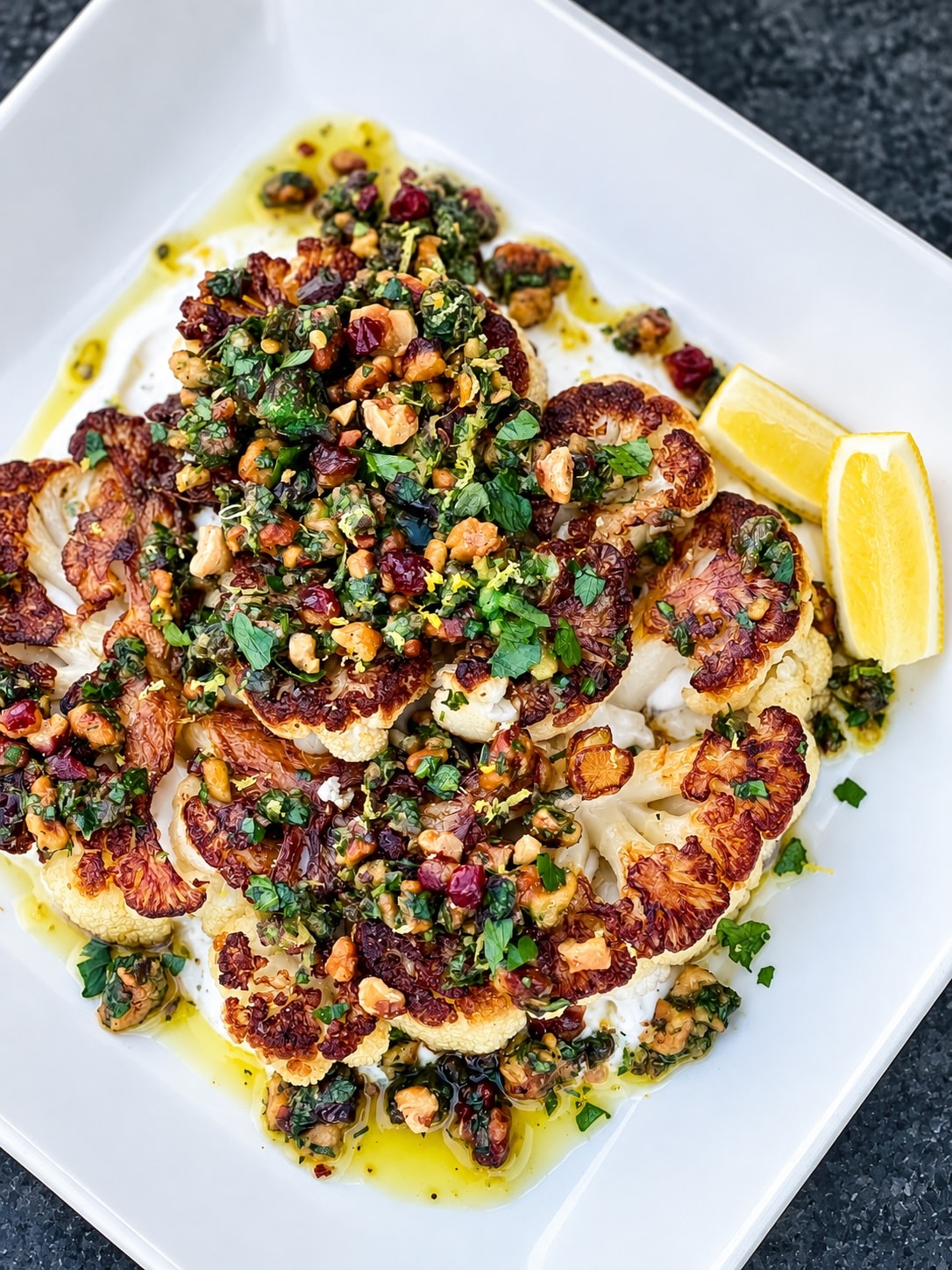 roasted cauliflower steaks with walnut gremolata
